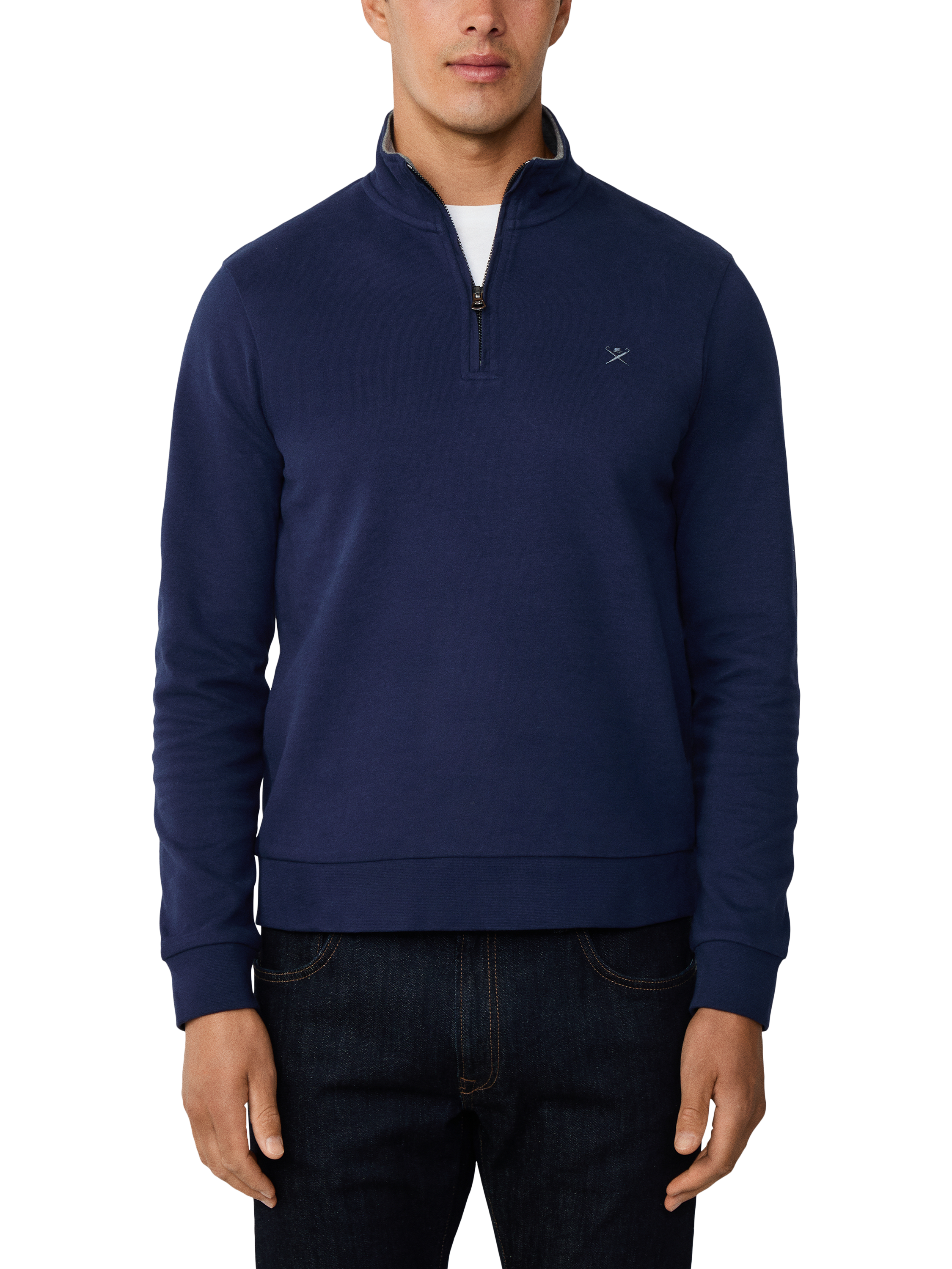 Product image 1 of 7, which shows Hackett London Cotton Blend Zip Neck Sweatshirt, Ink Blue, XXL