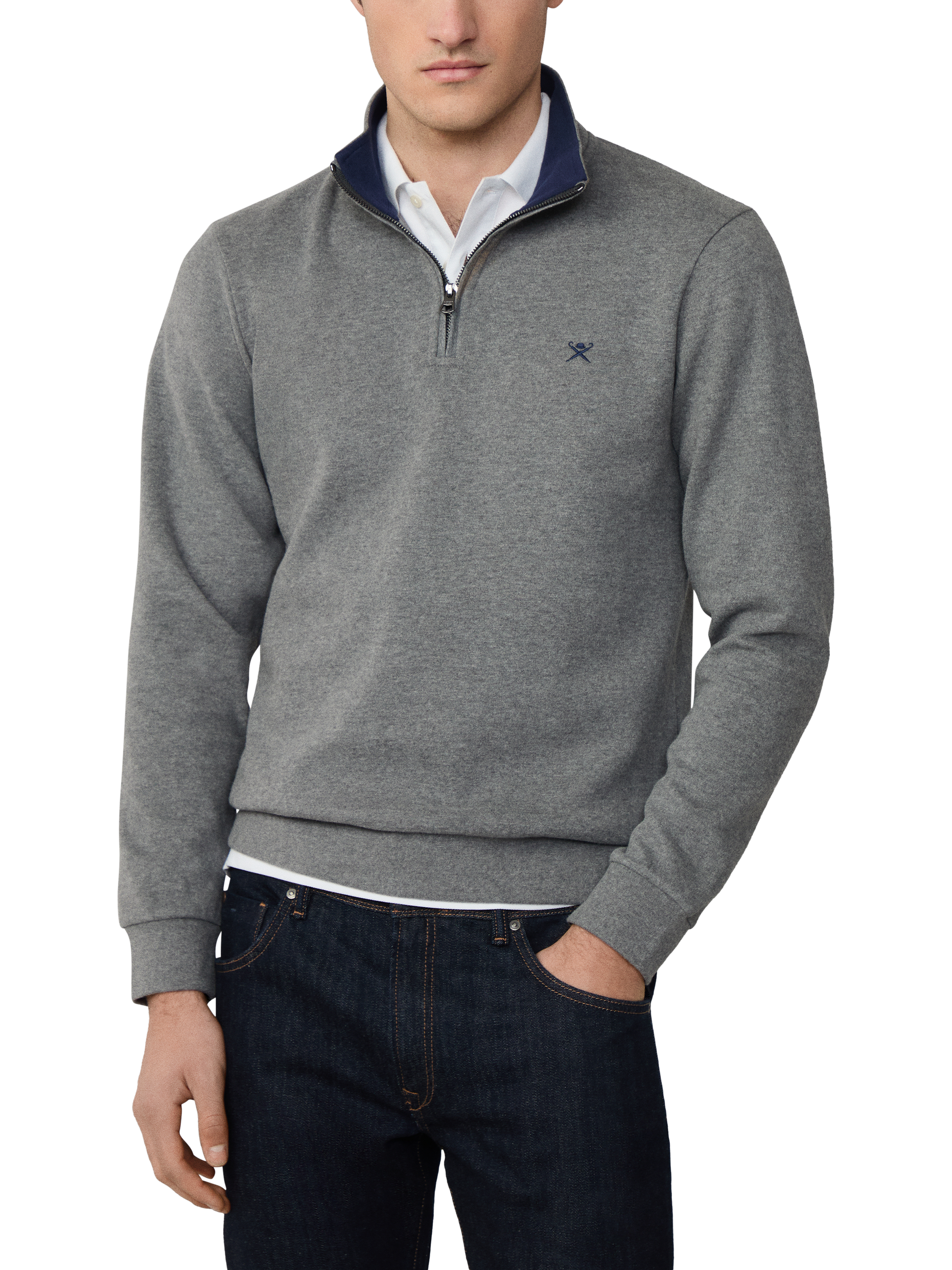 Product image 1 of 7, which shows Hackett London Cotton Blend Zip Neck Sweatshirt, Dark Grey Marl, XXL