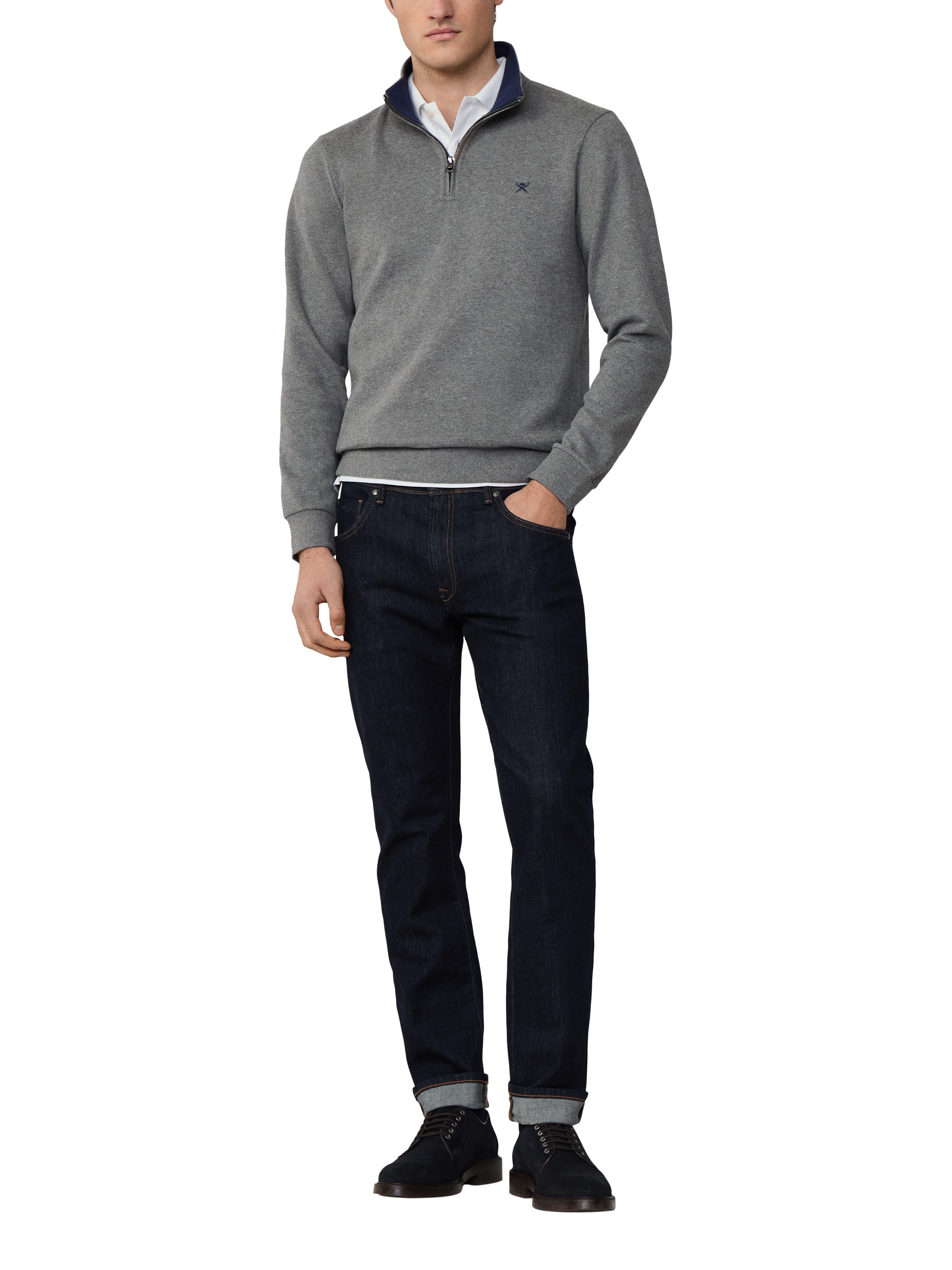 Product image 2 of 7, which shows Hackett London Cotton Blend Zip Neck Sweatshirt, Dark Grey Marl, XXL