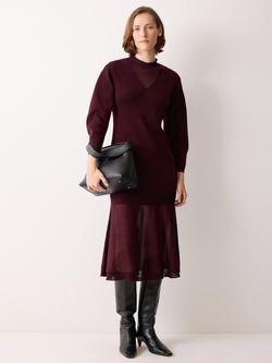 Jigsaw Sheer Panel Wool Rich Jumper Dress, Burgandy, Burgandy