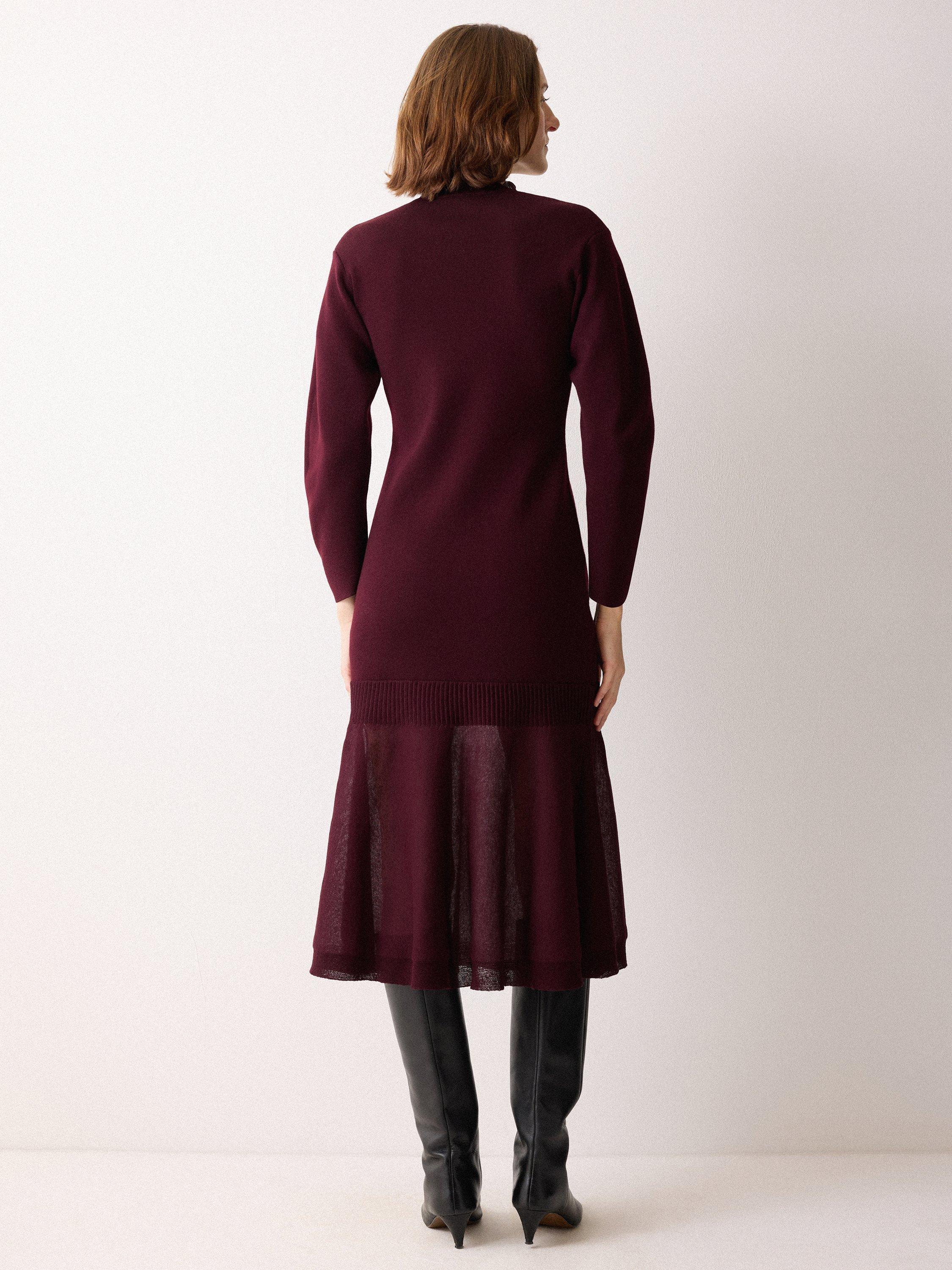Product image 2 of 6, which shows Jigsaw Sheer Panel Wool Rich Jumper Dress, Burgandy, XS