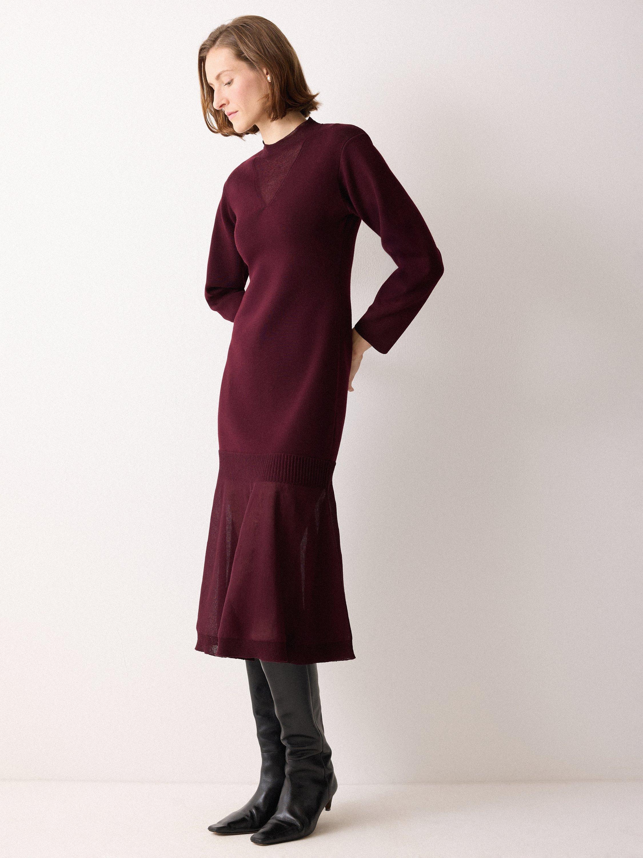 Product image 3 of 6, which shows Jigsaw Sheer Panel Wool Rich Jumper Dress, Burgandy, XS