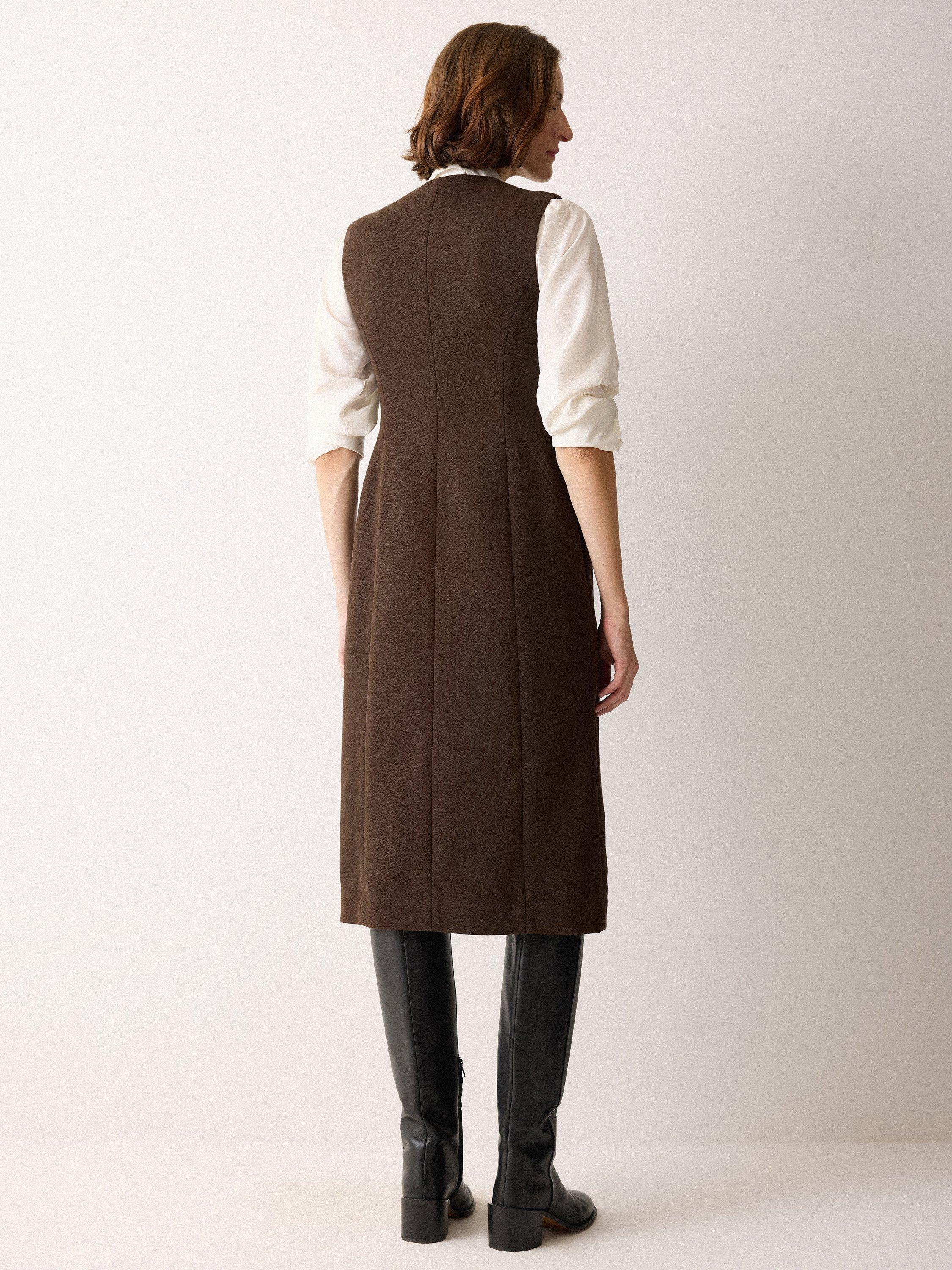 Product image 2 of 6, which shows Jigsaw V-Neck Waistcoat Dress, Brown, XS