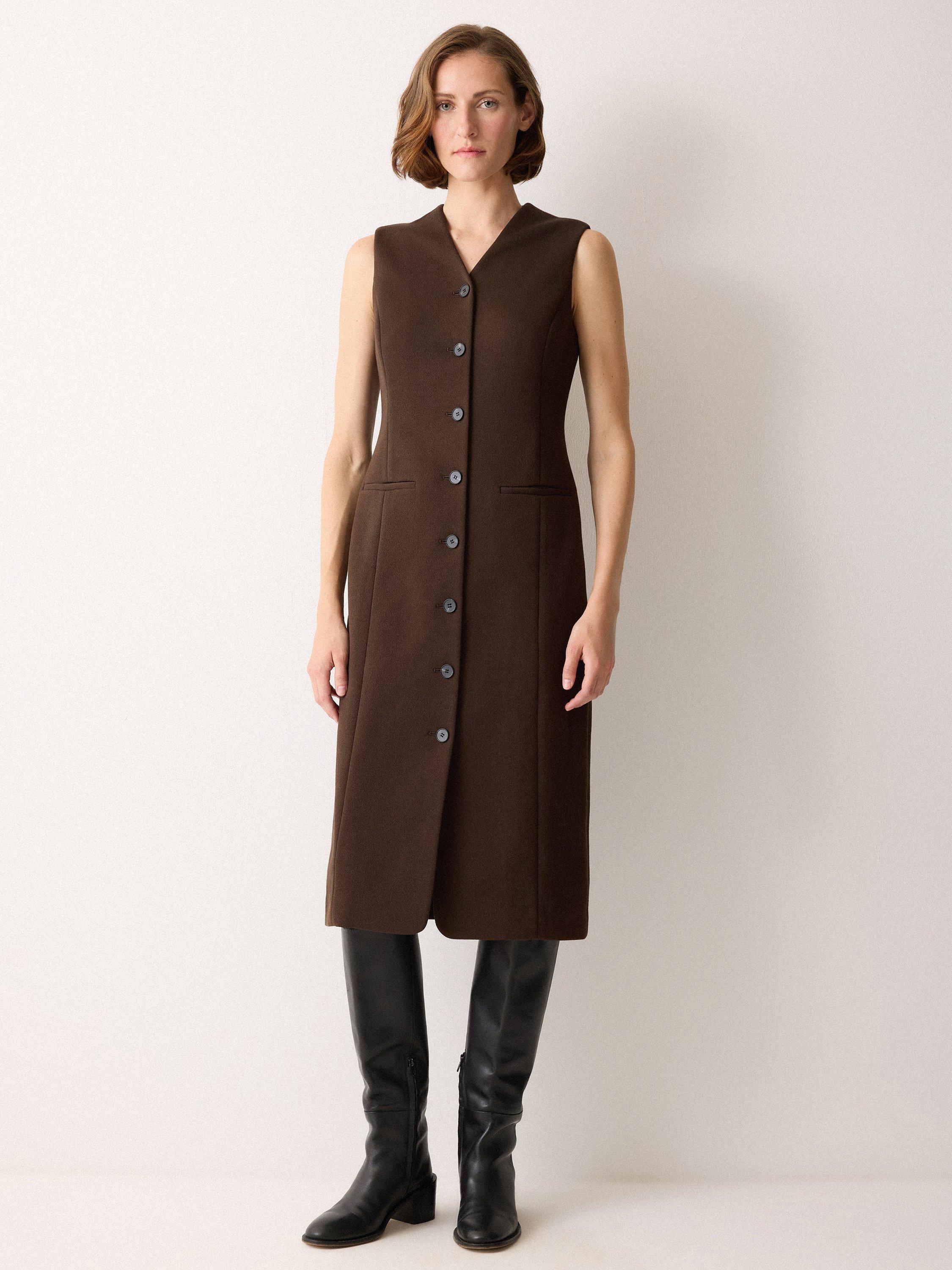 Product image 3 of 6, which shows Jigsaw V-Neck Waistcoat Dress, Brown, XS