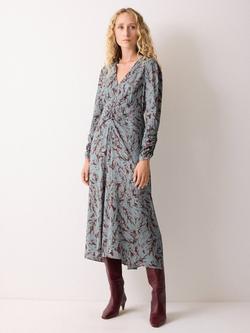 Jigsaw Long Sleeved Feather Print Midi Dress, Blue/Multi, Blue/Multi