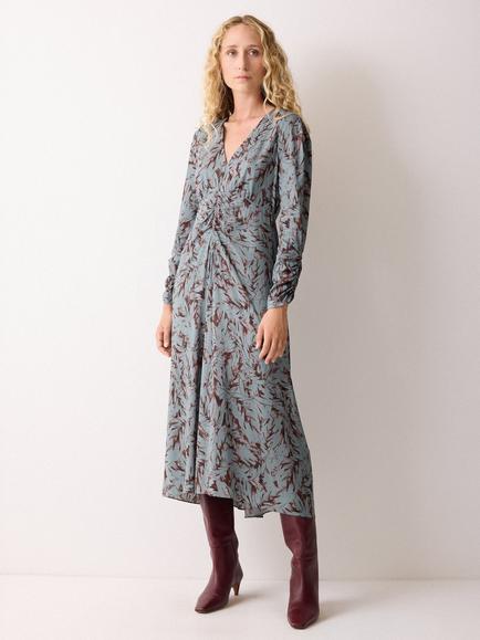 Jigsaw Long Sleeved Feather Print Midi Dress, Blue/Multi, Blue/Multi