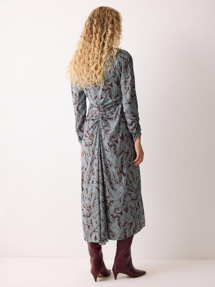 Jigsaw Long Sleeved Feather Print Midi Dress, Blue/Multi - view 2, Blue/Multi