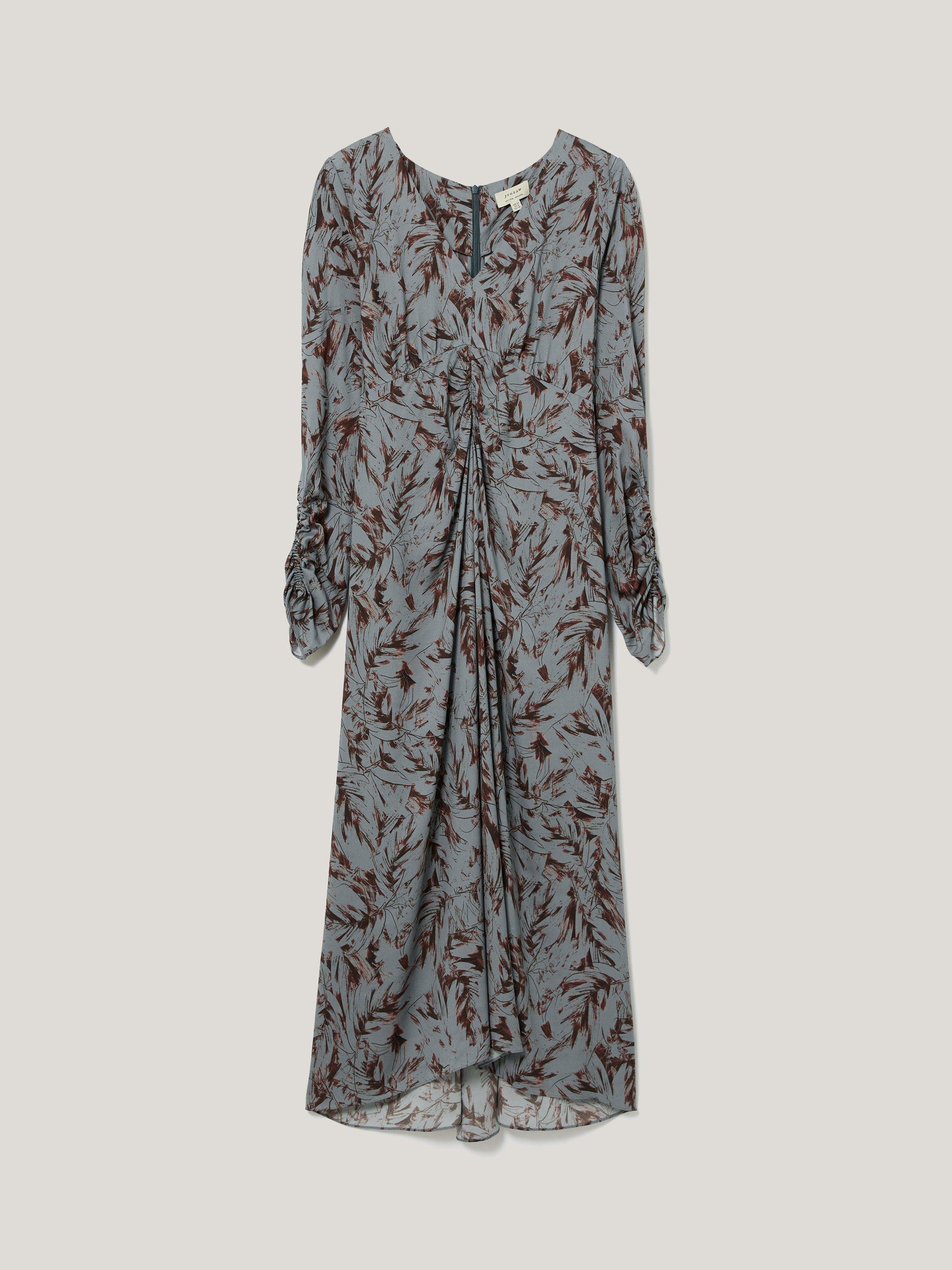 Product image 5 of 6, which shows Jigsaw Long Sleeved Feather Print Midi Dress, Blue/Multi, 6