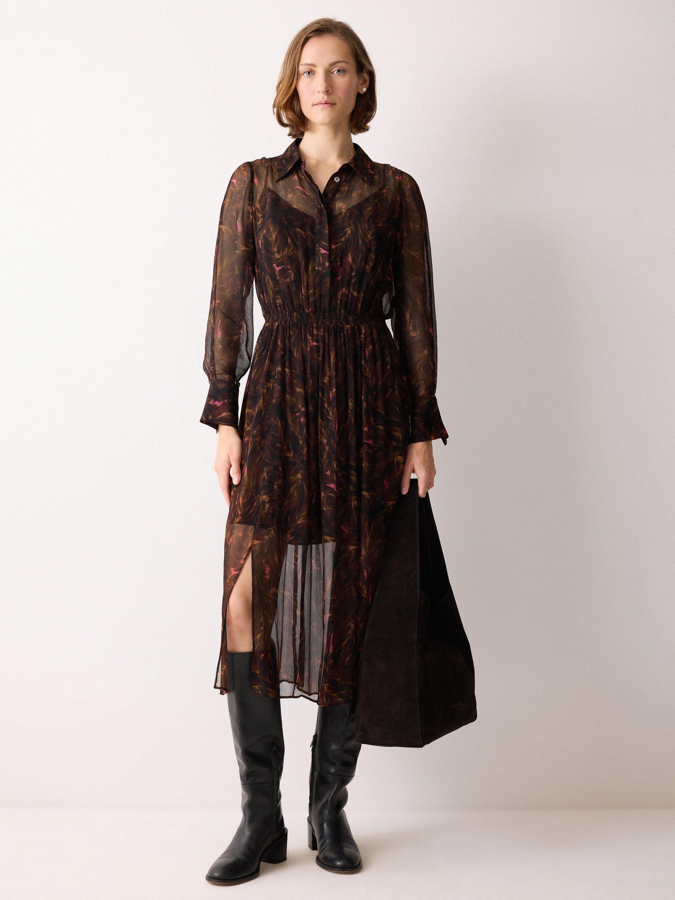Product image 1 of 6, which shows Jigsaw Long Sleeved Feather Print Midi Dress, Brown, 12