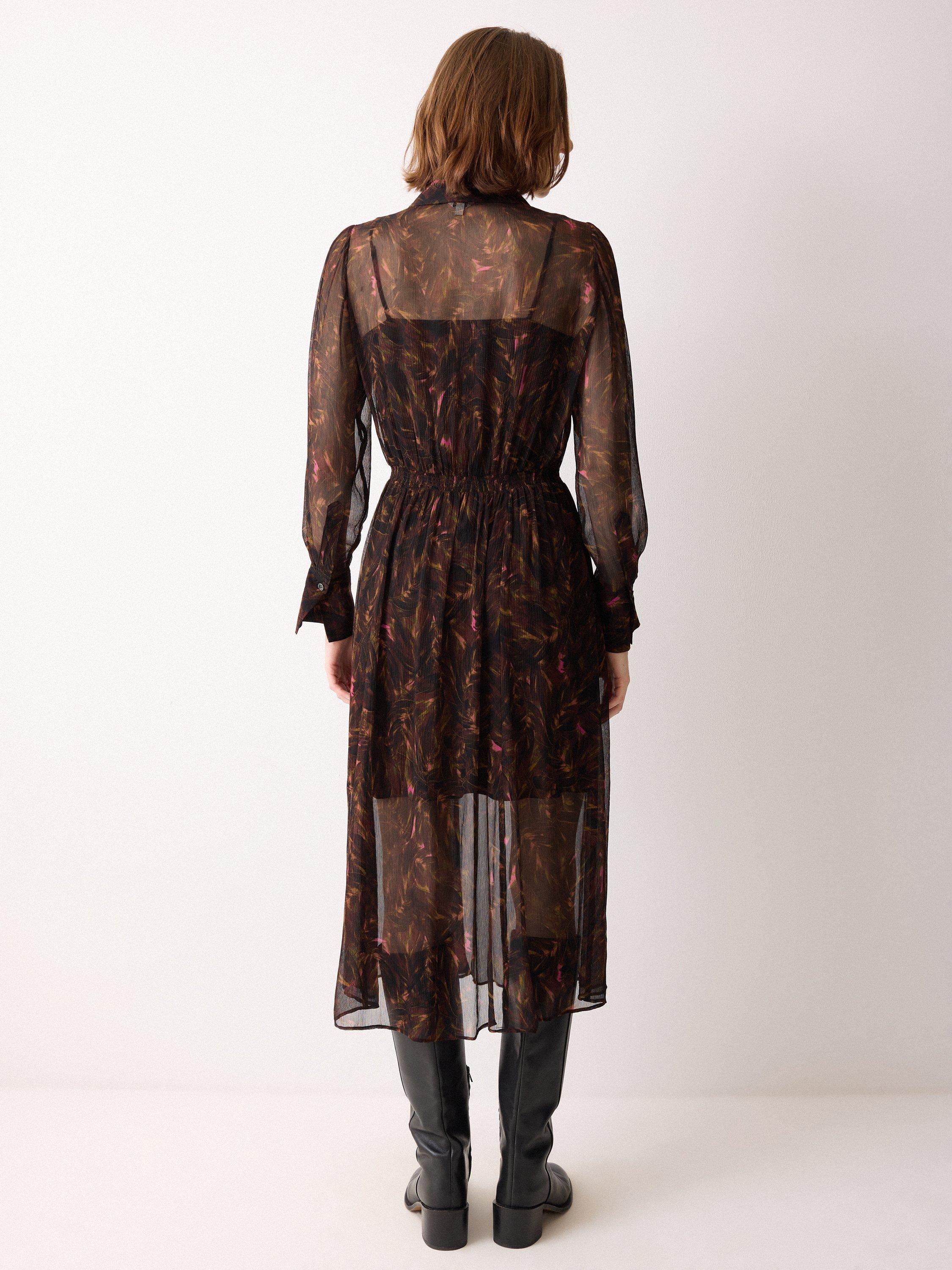 Product image 2 of 6, which shows Jigsaw Long Sleeved Feather Print Midi Dress, Brown, 12