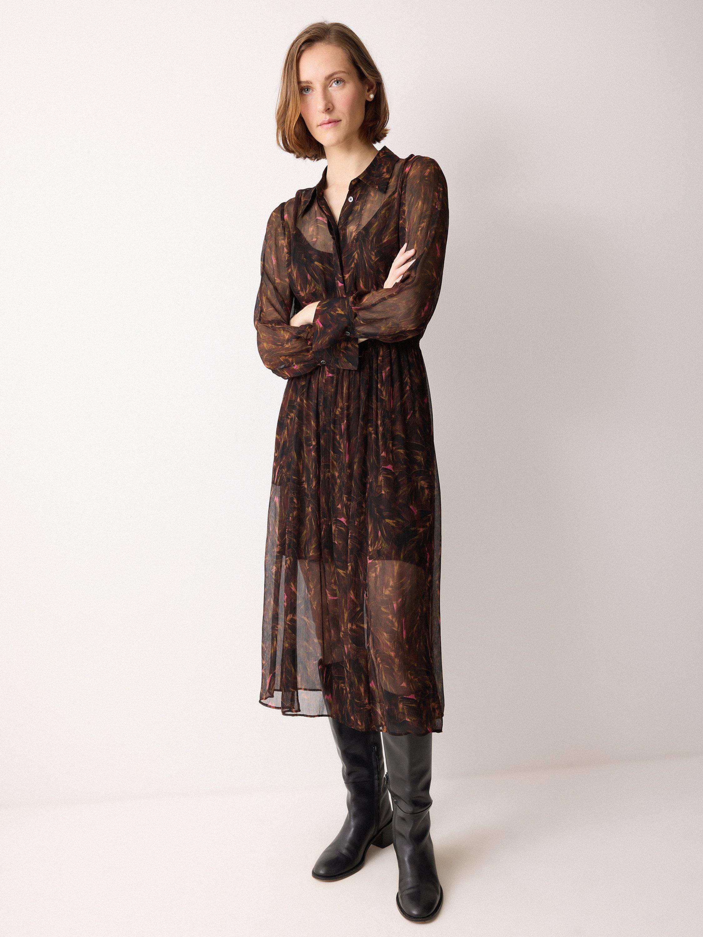 Product image 3 of 6, which shows Jigsaw Long Sleeved Feather Print Midi Dress, Brown, 12