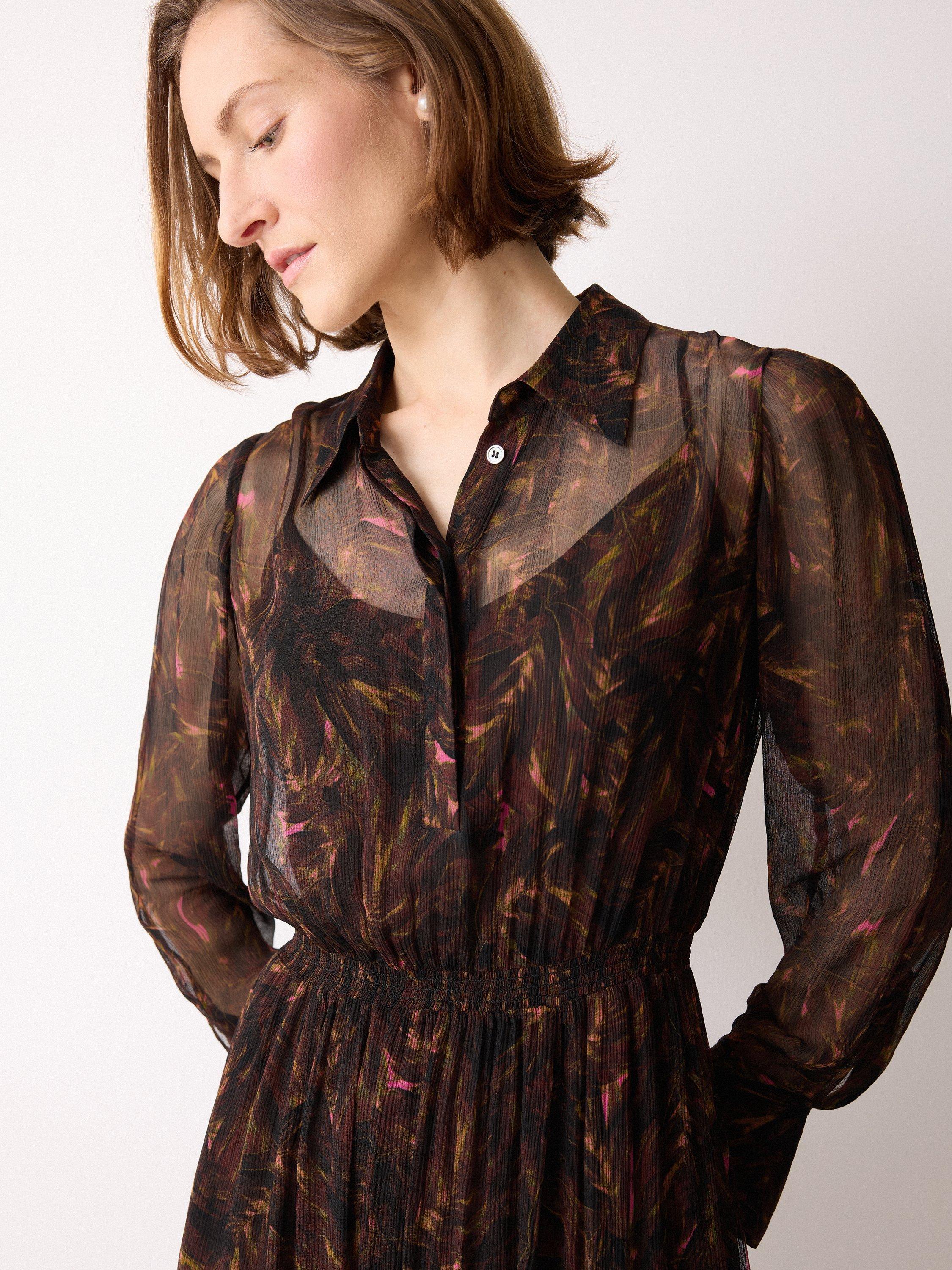 Product image 4 of 6, which shows Jigsaw Long Sleeved Feather Print Midi Dress, Brown, 12