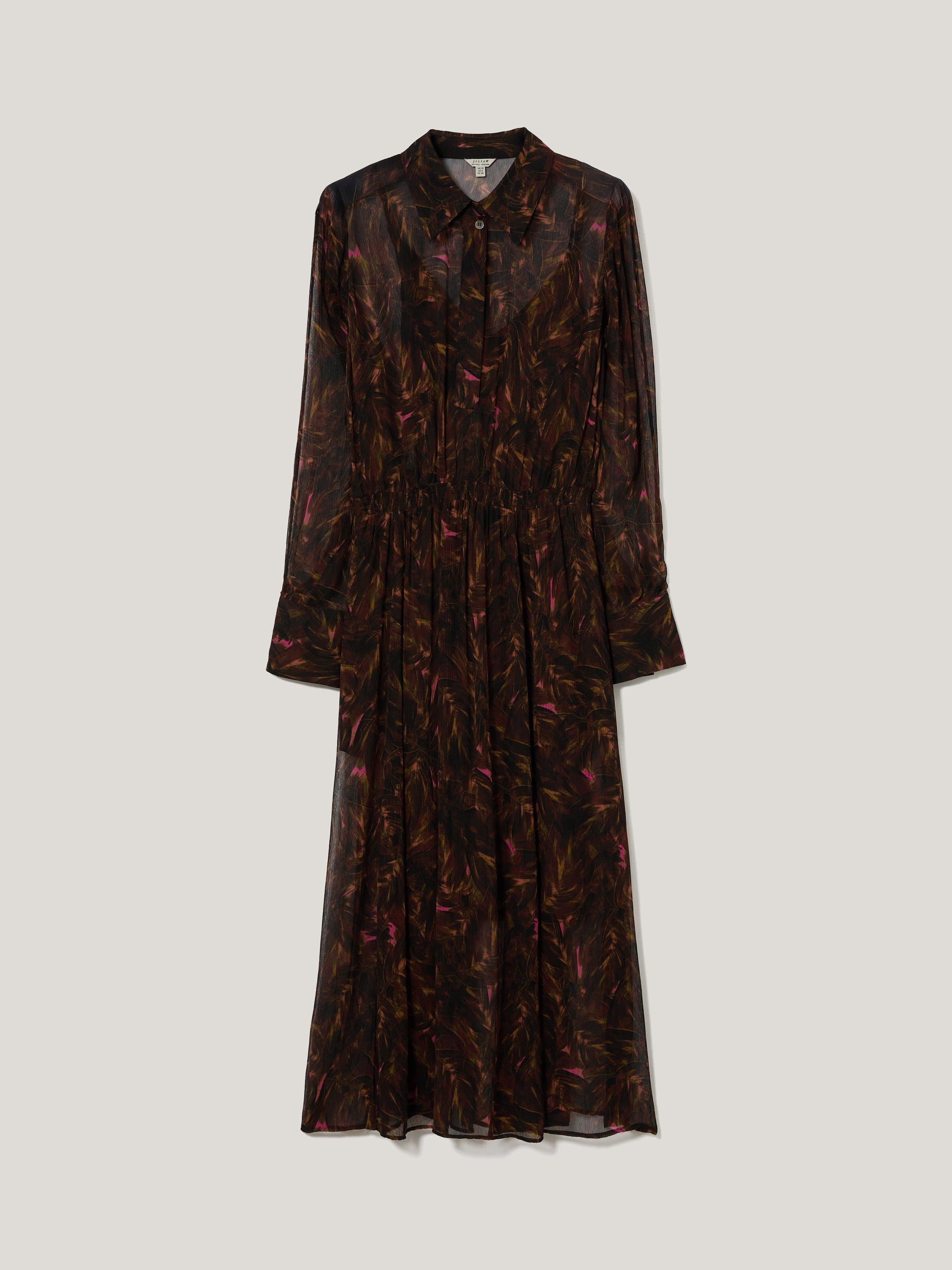Product image 5 of 6, which shows Jigsaw Long Sleeved Feather Print Midi Dress, Brown, 12