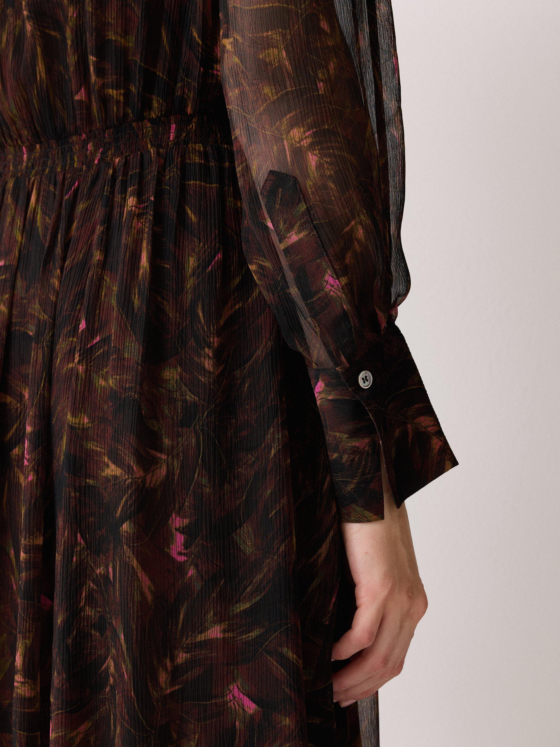 Product image 6 of 6, which shows Jigsaw Long Sleeved Feather Print Midi Dress, Brown, 12