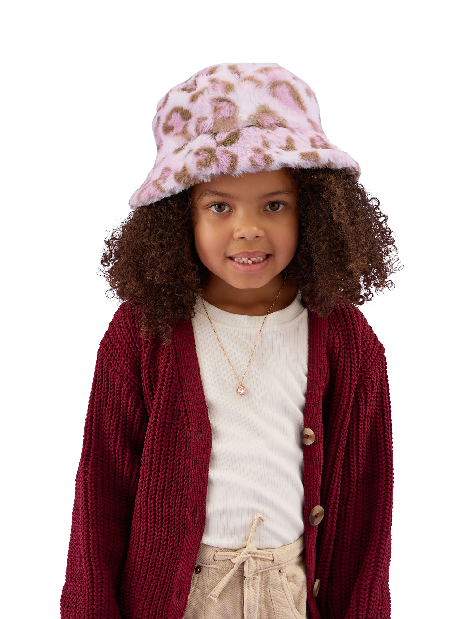 Product image 2 of 3, which shows Angels by Accessorize Kids' Faux Fur Leopard Bucket Hat, Multi, 3-6 years
