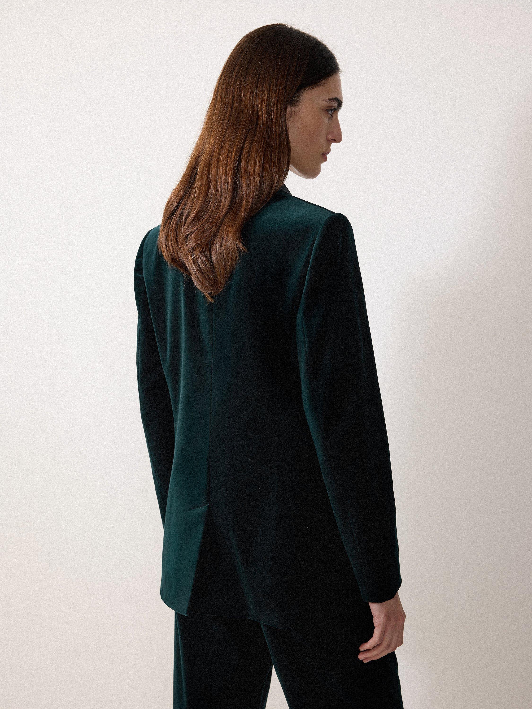 Product image 2 of 5, which shows Jigsaw Velvet Satin Shawl Blazer, Green, 8