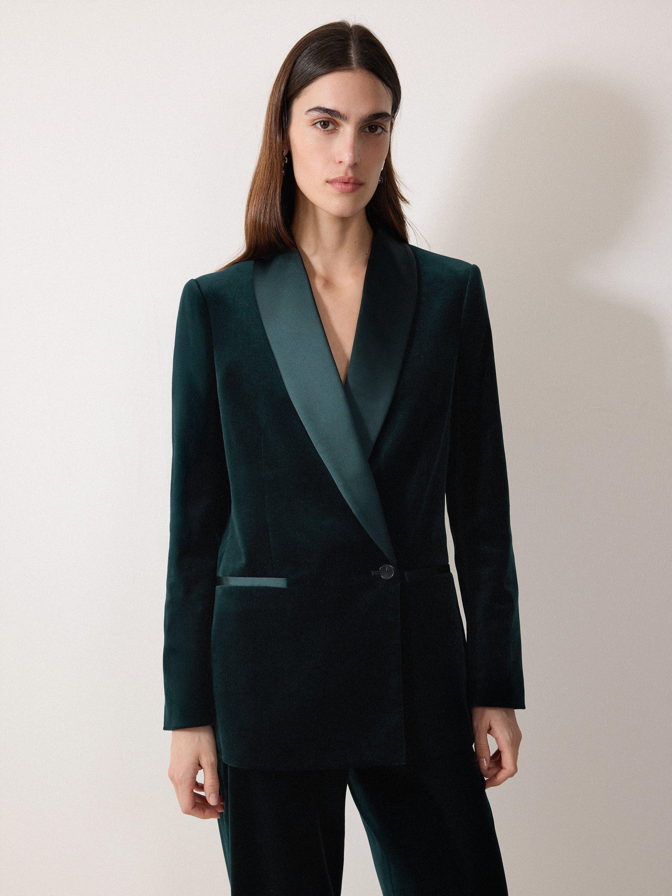 Product image 3 of 5, which shows Jigsaw Velvet Satin Shawl Blazer, Green, 8