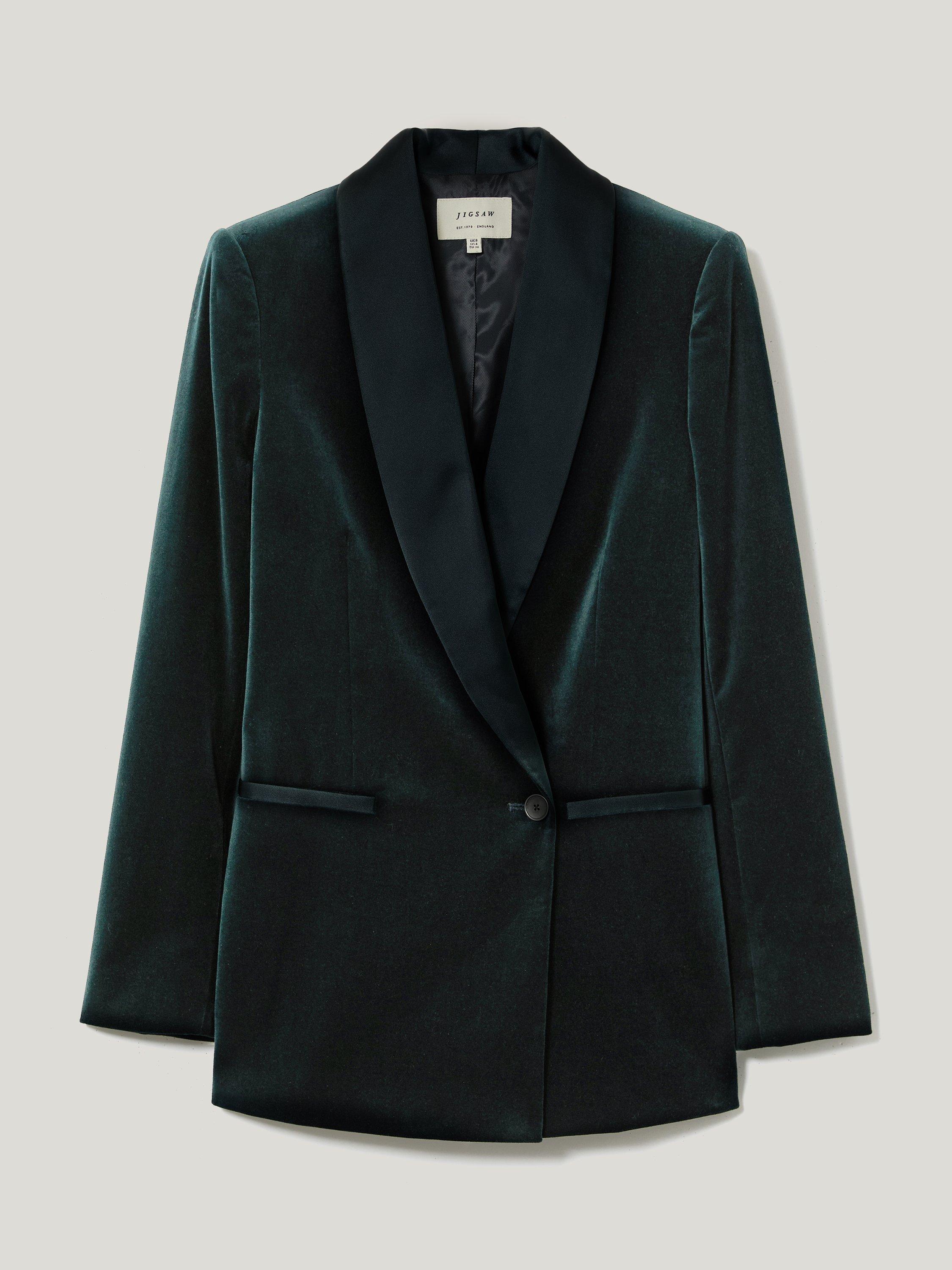 Product image 5 of 5, which shows Jigsaw Velvet Satin Shawl Blazer, Green, 8