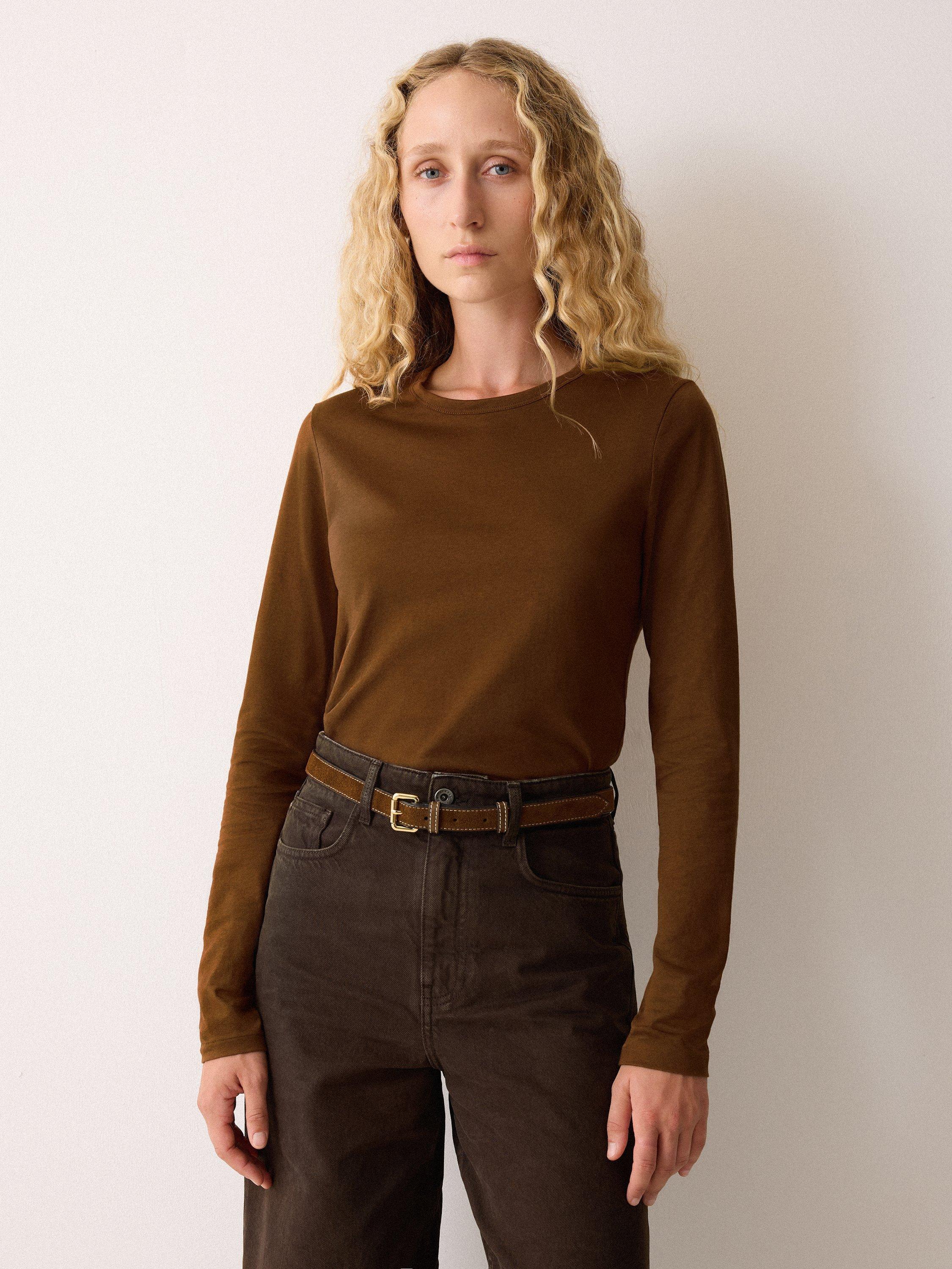Product image 1 of 6, which shows Jigsaw Supima Cotton Long Sleeve Top, Brown, M