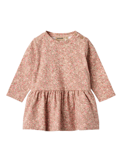 WHEAT Baby Cotton Long Sleeved Printed Dress, Rose Dust, Rose Dust