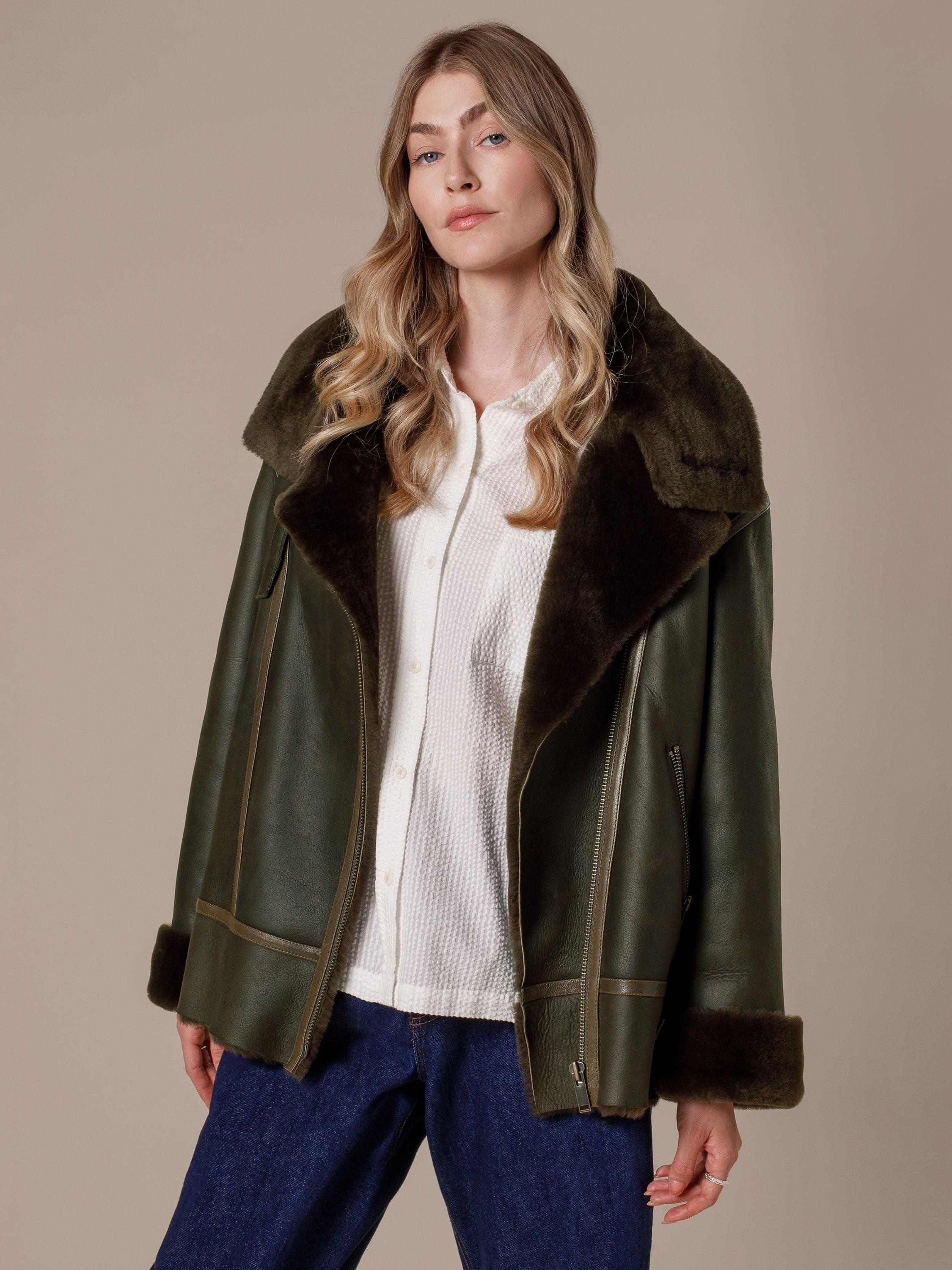 Product image 1 of 10, which shows Celtic & Co. Pure Sheepskin Aviator Jacket, Black Olive, 8