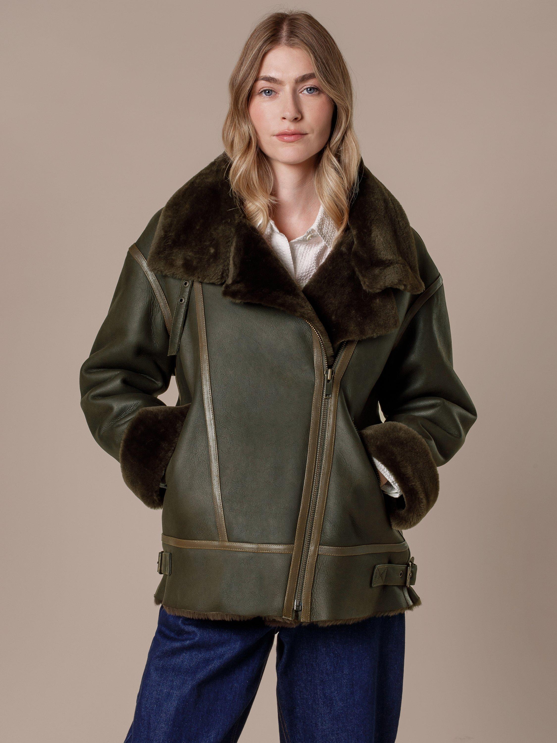 Product image 2 of 10, which shows Celtic & Co. Pure Sheepskin Aviator Jacket, Black Olive, 8