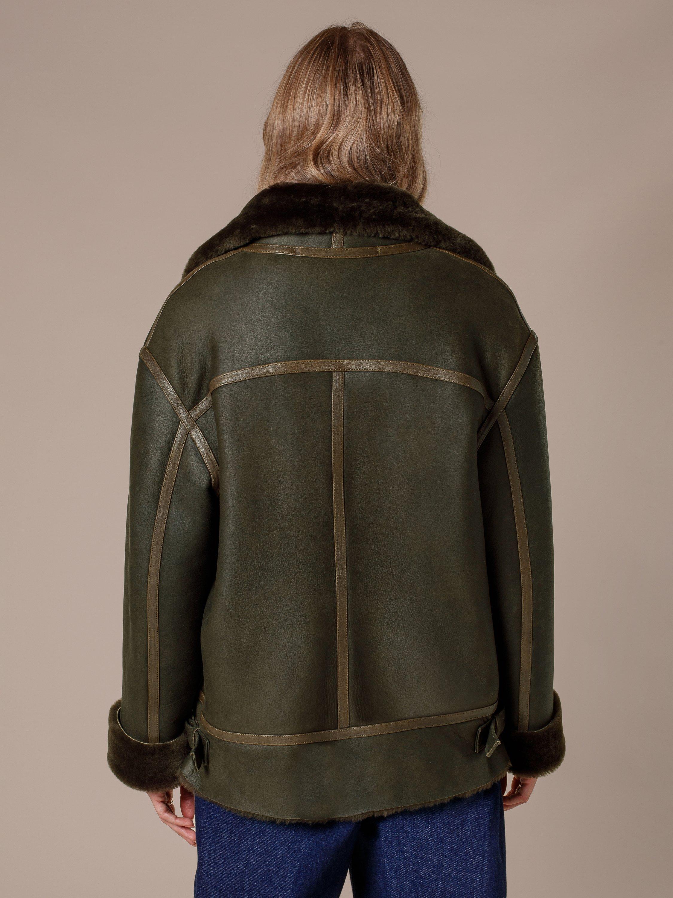Product image 4 of 10, which shows Celtic & Co. Pure Sheepskin Aviator Jacket, Black Olive, 8