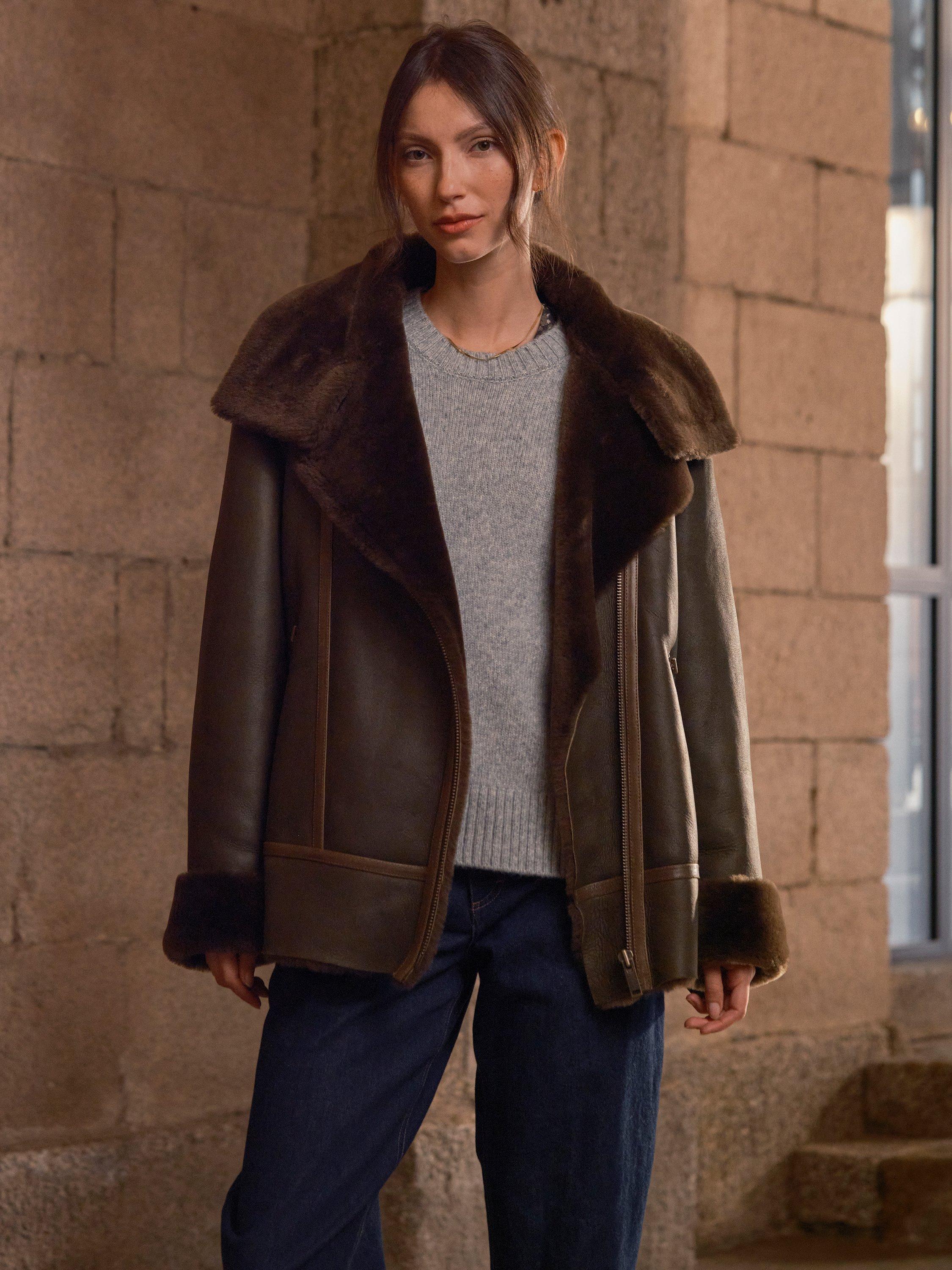 Product image 6 of 10, which shows Celtic & Co. Pure Sheepskin Aviator Jacket, Black Olive, 8