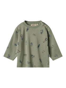 WHEAT Baby Malthe Vehicle Print Long Sleeve T-Shirt, Dusty Green, Dusty Green