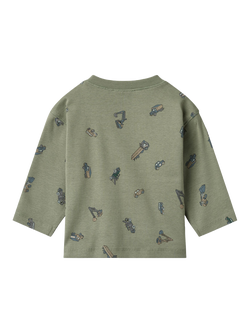 WHEAT Baby Malthe Vehicle Print Long Sleeve T-Shirt, Dusty Green - view 2, Dusty Green
