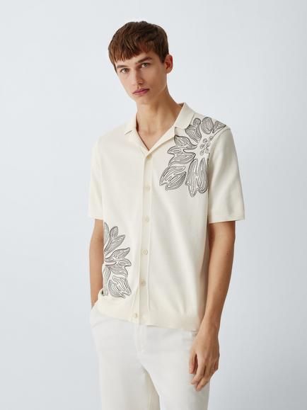 John Lewis Short Sleeve Embroidered Cotton Knit Shirt, Egret/Brown, Egret/ Brown