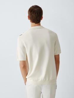 John Lewis Short Sleeve Embroidered Cotton Knit Shirt, Egret/Brown - view 2, Egret/ Brown