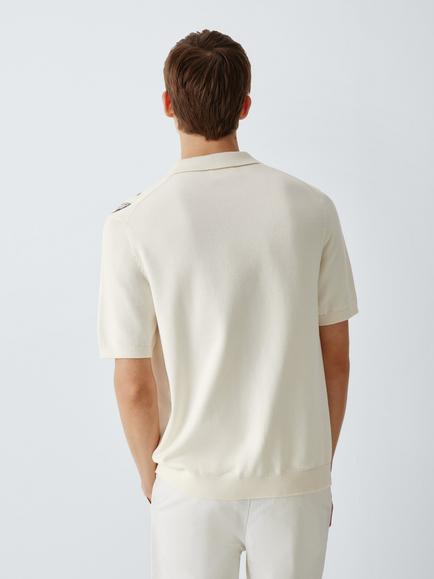 John Lewis Short Sleeve Embroidered Cotton Knit Shirt, Egret/Brown - view 2, Egret/ Brown