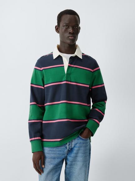 John Lewis Striped Cotton Rugby Shirt, Ver Grn/ Egret, Ver Grn/ Egret