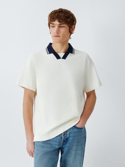 John Lewis Tipped Collar Waffle Textured Polo Shirt, Cannoli Cream