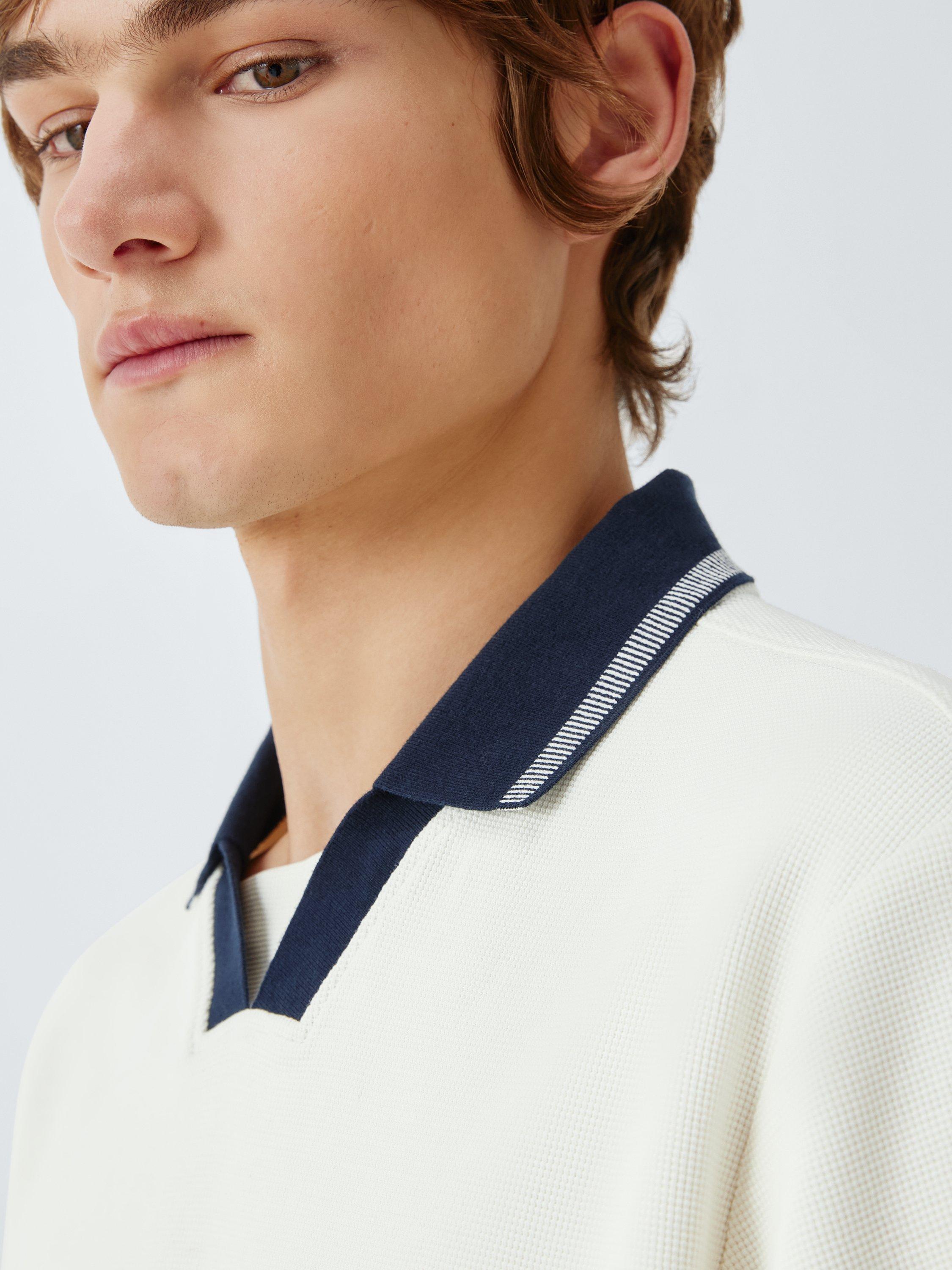 Product image 5 of 6, which shows John Lewis Cotton Tipped Waffle Short Sleeve Polo Top, Cannoli Cream, S