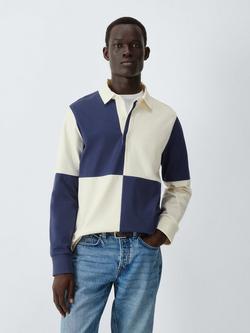 John Lewis Colour Block Cotton Rugby Shirt, Blue Rib/Egret, Blue Rib/Egret