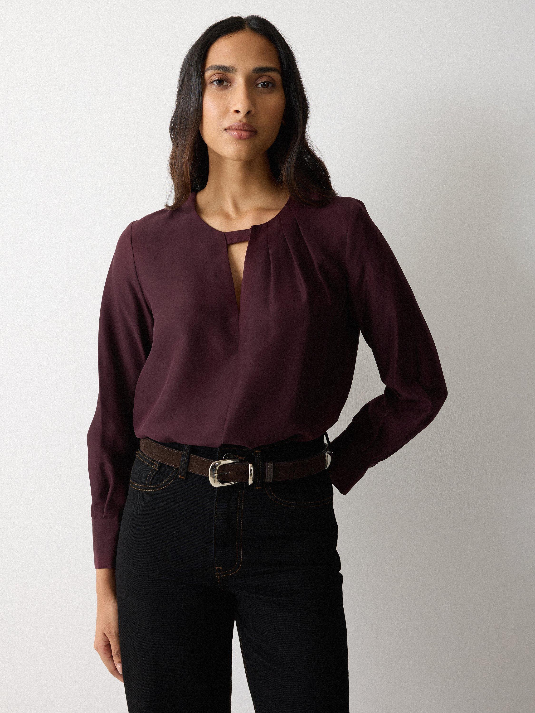 Product image 1 of 5, which shows Jigsaw Pleated Neck Silk Shirt, Purple, 8