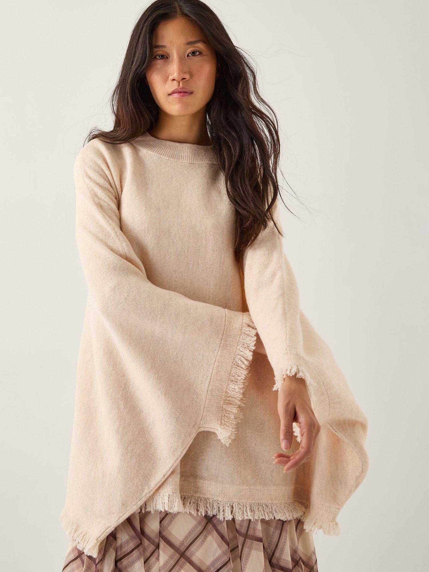 Product image 1 of 5, which shows Monsoon Fay Fringed Poncho, Natural, One Size