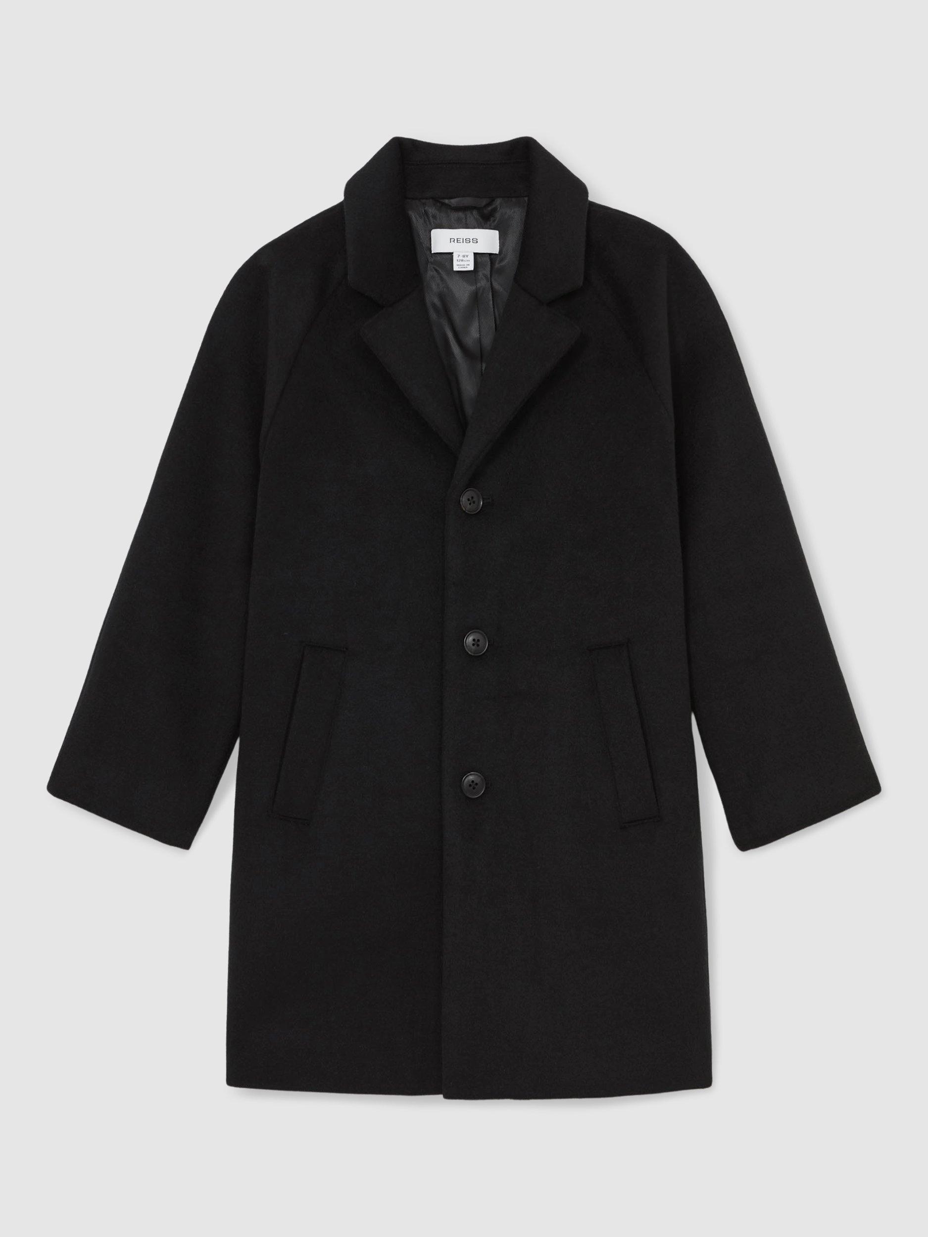 Product image 1 of 4, which shows Reiss Kids' Wallace Wool Blend Overcoat, Black, 6-7 years