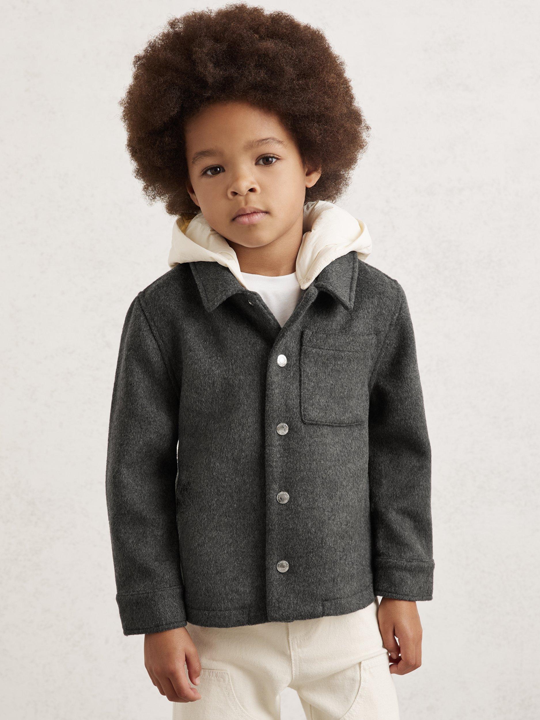 Product image 1 of 5, which shows Reiss Kids' Benjamin Wool Blend Overshirt, Charcoal, 3-4 years