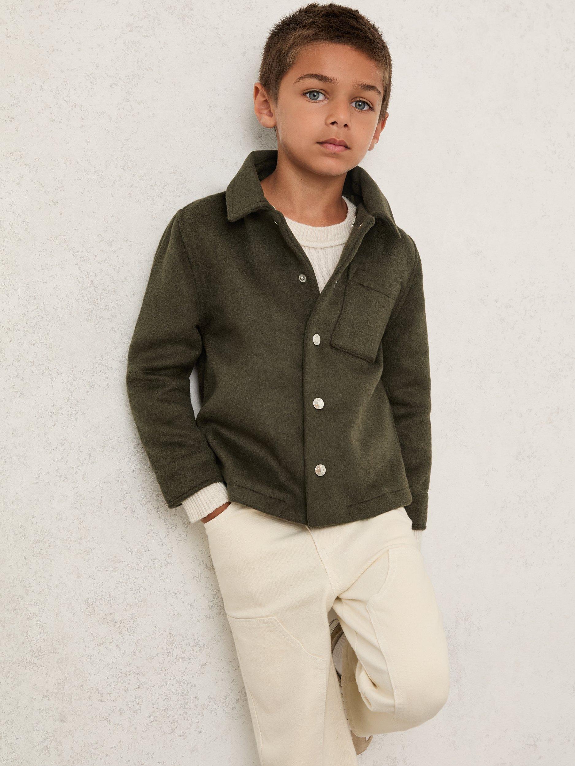 Product image 1 of 4, which shows Reiss Kids' Benjamin Wool Blend Overshirt, Dark Sage, 3-4 years