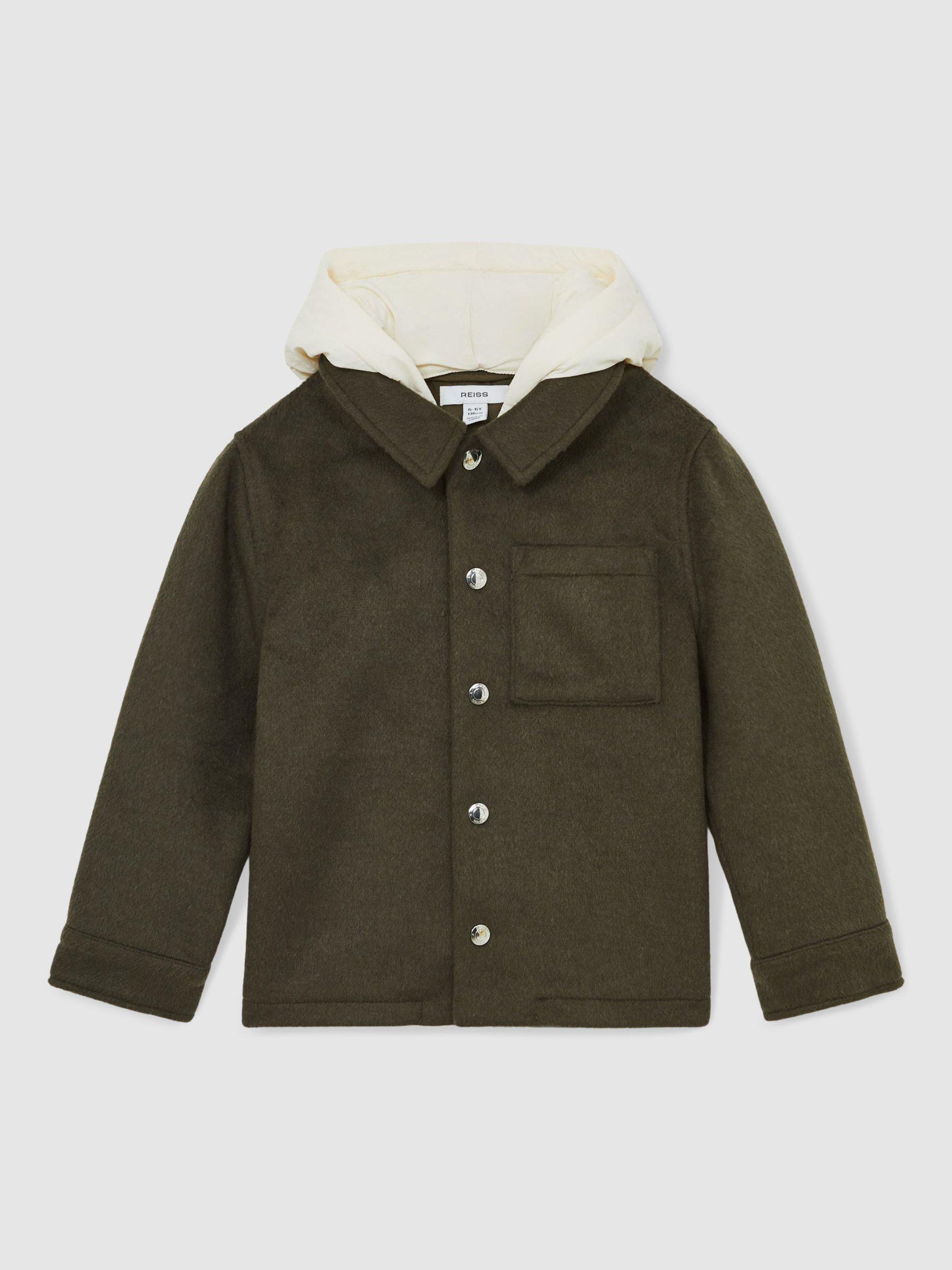 Product image 2 of 4, which shows Reiss Kids' Benjamin Wool Blend Overshirt, Dark Sage, 3-4 years