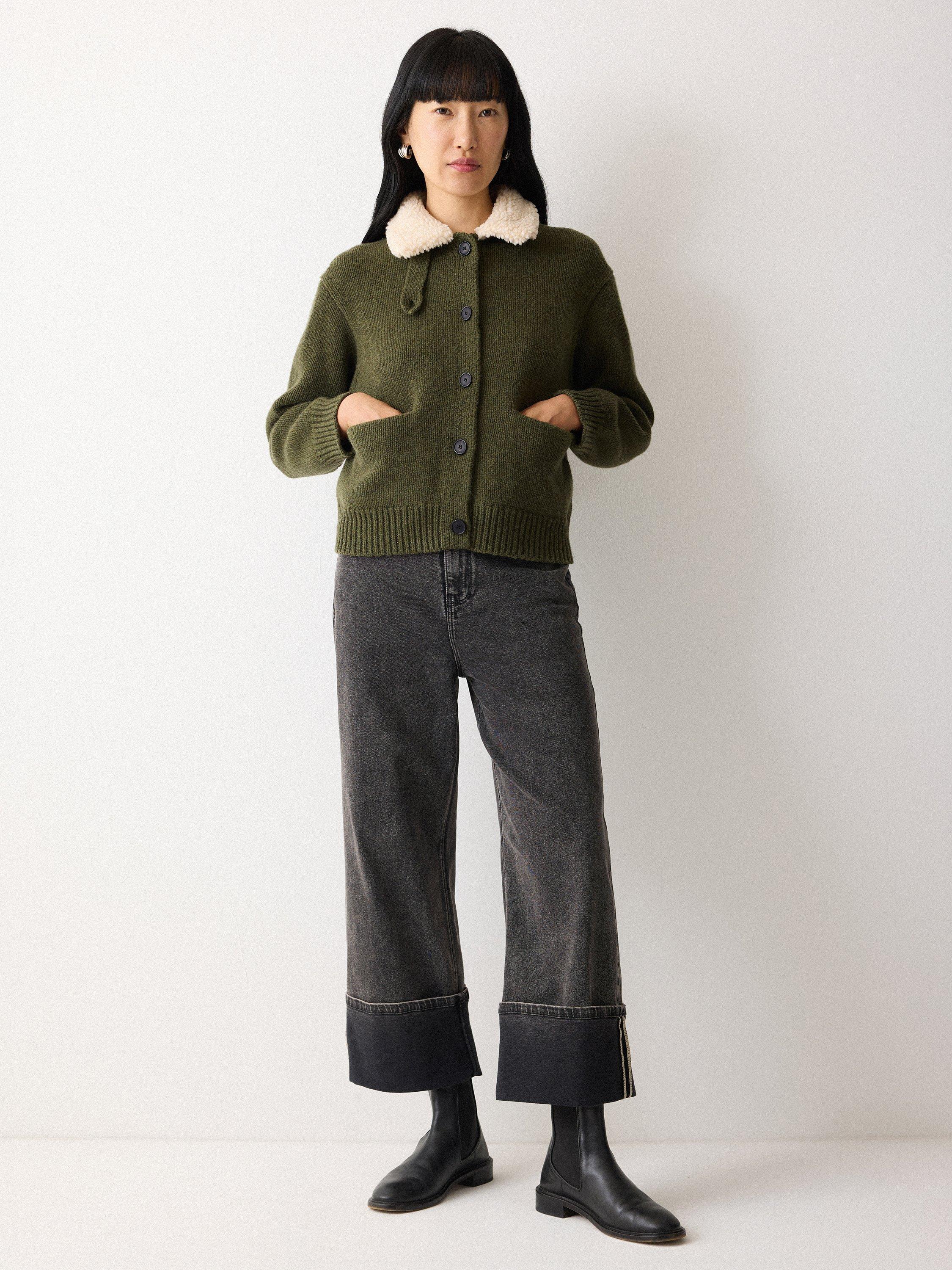 Product image 1 of 5, which shows Jigsaw Sherpa Collar Cardigan, Khaki, L