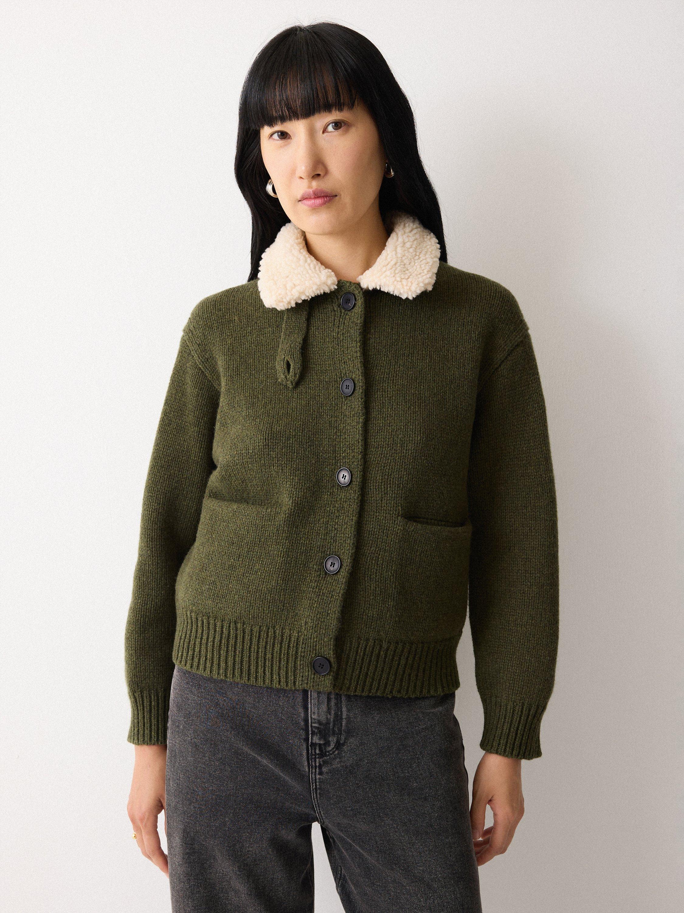 Product image 3 of 5, which shows Jigsaw Sherpa Collar Cardigan, Khaki, L