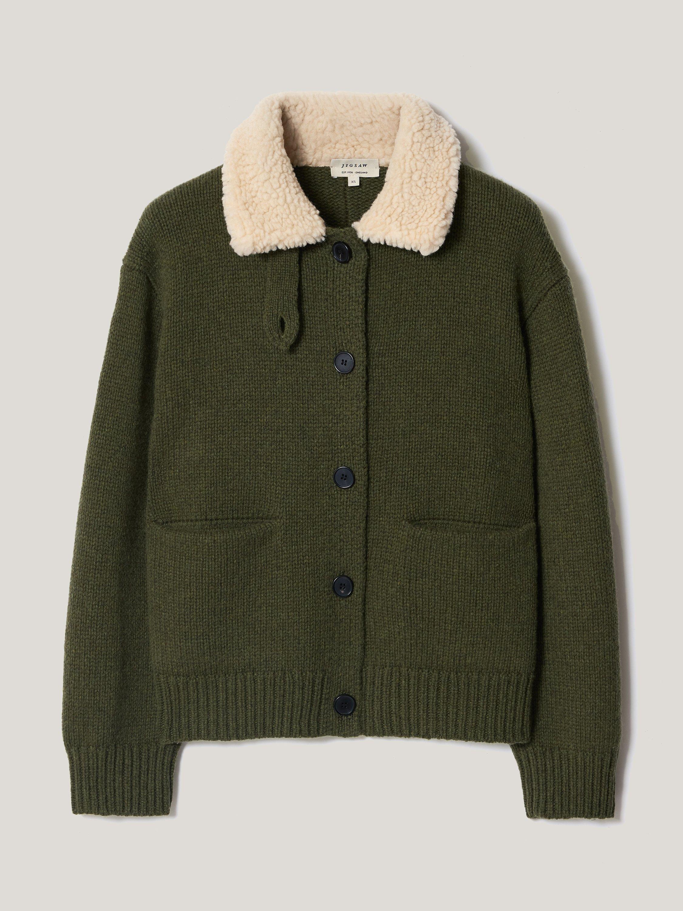 Product image 5 of 5, which shows Jigsaw Sherpa Collar Cardigan, Khaki, L