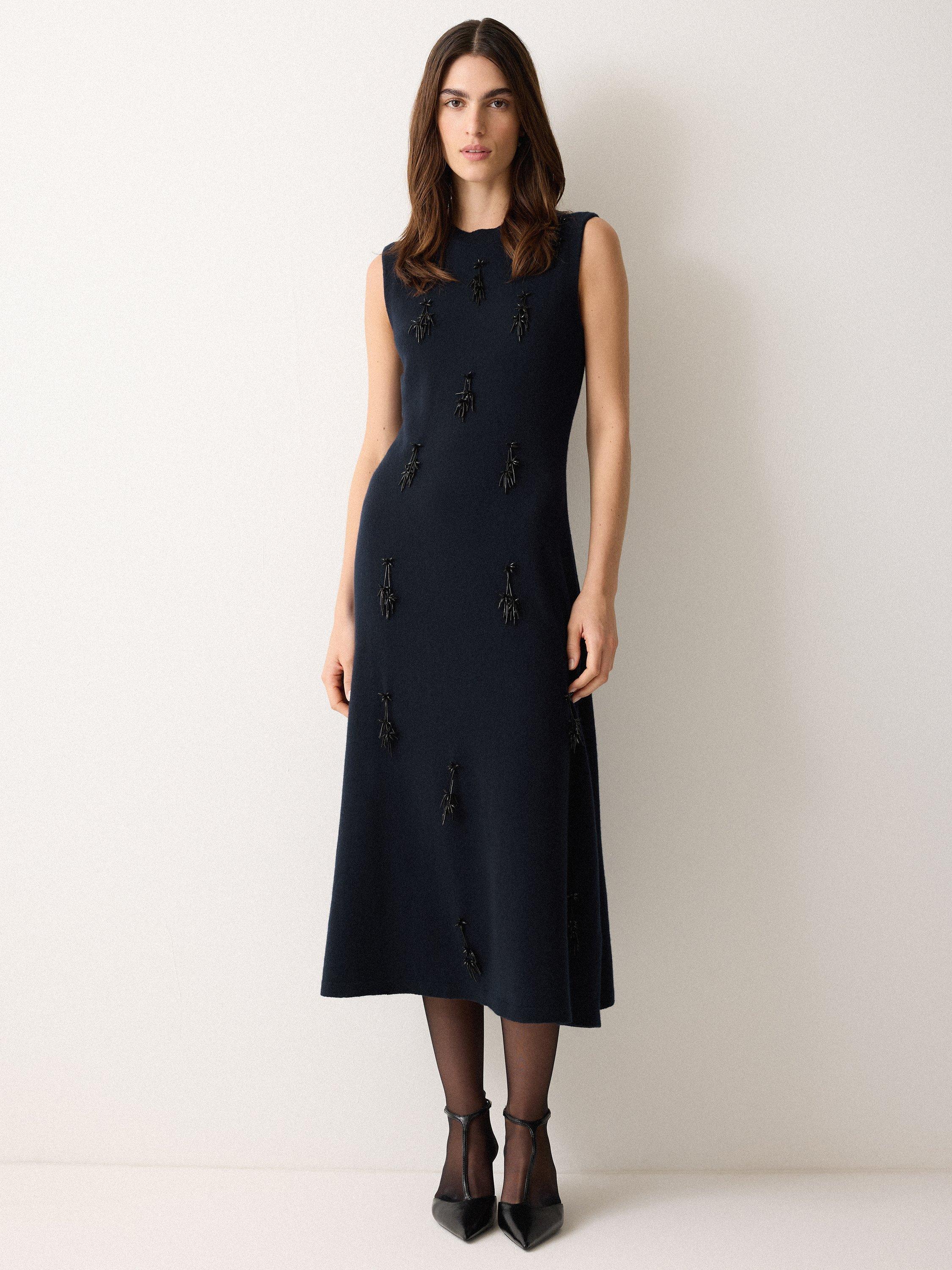 Product image 3 of 5, which shows Jigsaw Embellished Pure Wool Midi Dress, Navy, XS