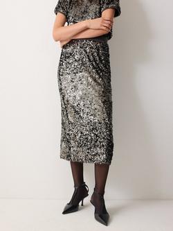 Jigsaw Metallic Sequin Midi Skirt, Dark Silver, Dark Silver