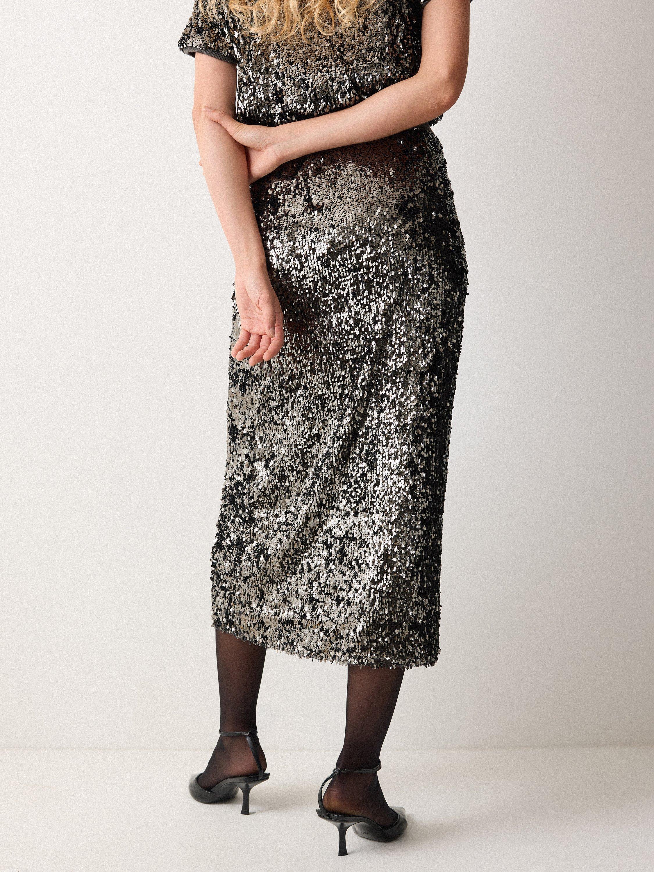 Product image 2 of 4, which shows Jigsaw Metallic Sequin Midi Skirt, Dark Silver, S