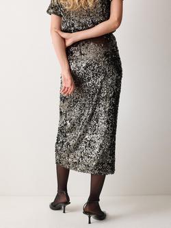 Jigsaw Metallic Sequin Midi Skirt, Dark Silver - view 2, Dark Silver